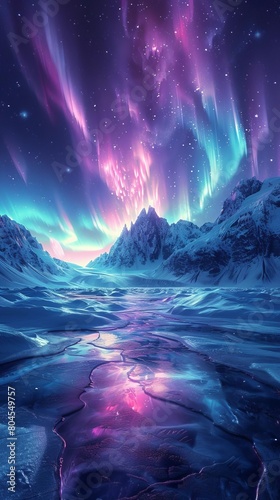 A digital art vision of an ice world where auroras dance on the surface of frozen oceans  in a serene  captivating style