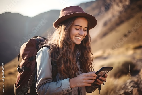 A lucky girl with a backpack travels on foot into the countryside, navigating with the help of her mobile phone's navigation system. Traveling, hiking in the mountains. photo