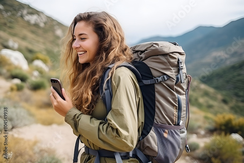 A young girl with a backpack, walking along a mountain grass trail and spending time in nature, uses maps to navigate with her smartphone. Walking across the path on the mountain.
