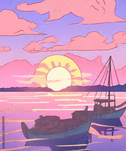 Painting of a boat at sunset