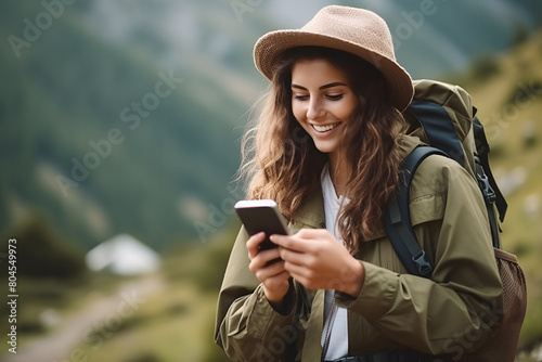 A lucky girl with a backpack travels on foot into the countryside, navigating with the help of her mobile phone's navigation system. Traveling, hiking in the mountains. photo