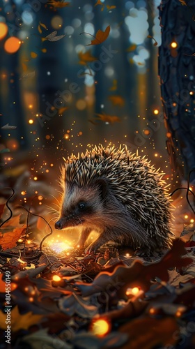 A hedgehog with a body of glowing embers, wandering through a night forest lit by fireflies
