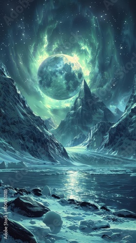 A digital art vision of an ice world where auroras dance on the surface of frozen oceans, in a serene, captivating style