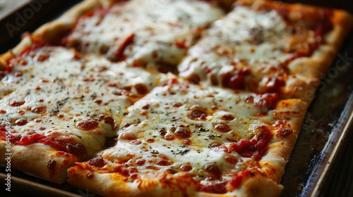 A homemade pizza on a tray  with cheese stretching warmly  enveloping the senses in comfort and flavor