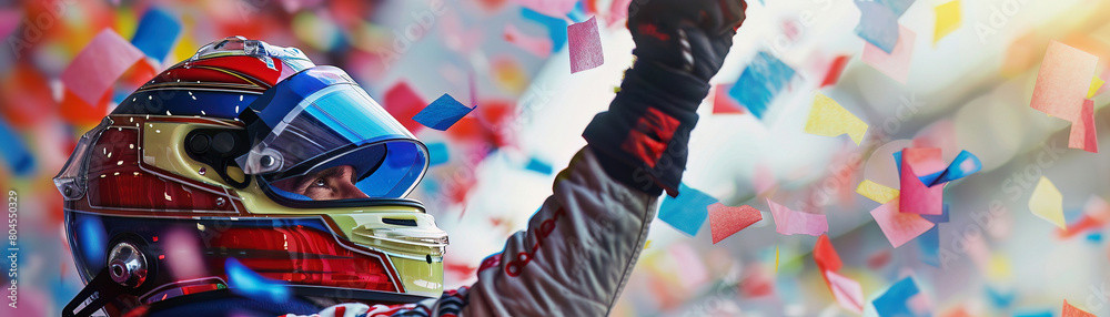 A jubilant racer pumps fists in the air, surrounded by a storm of confetti on the victory lap A jubilant racer pumps fists in the air, surrounded by a storm of confetti on the victory lap