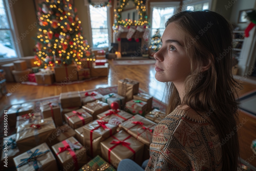 Fototapeta premium A moment of holiday anticipation with a beautifully decorated Christmas tree and a plethora of presents, as a woman looks on