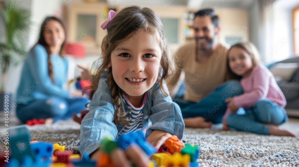 A young girl playing with blocks on the floor while her family sits around, AI