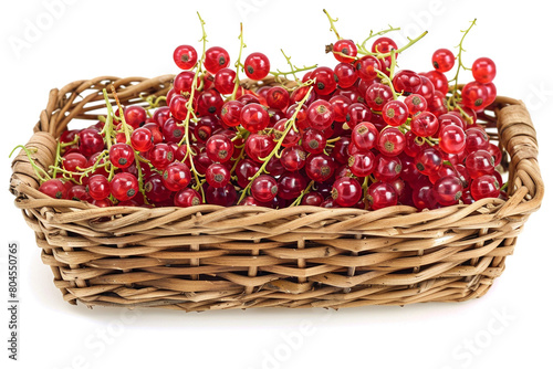 A selection of fresh, organic red currants, small and tart, arranged in a wicker basket, isolated against a white background.