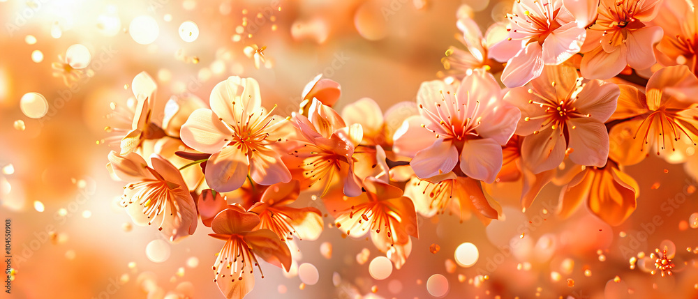 Fototapeta premium Cherry Blossoms at Sunset, Soft Pink Petals Against the Backdrop of a Warmly Lit Spring Sky