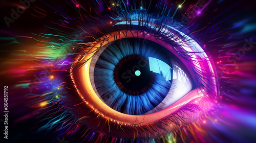 Rainbow eye as AI concept,Colorful eye macro close up,Digital Artistry: Rainbow Iris Close-Up