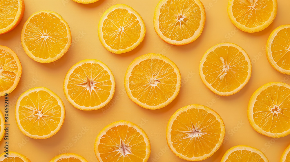 Orange Slices texture background, orange fruit cut into slices, fresh juicy oranges background, top view, flat lay