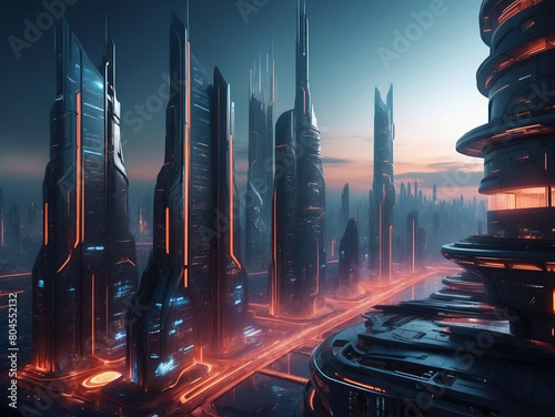 Panorama of a futuristic shining city with lights and road. Cyberpunk, skyscrapers and buildings. Sci-fi fantasy town. Panorama of a futuristic shining city with lights and road. Digital art.