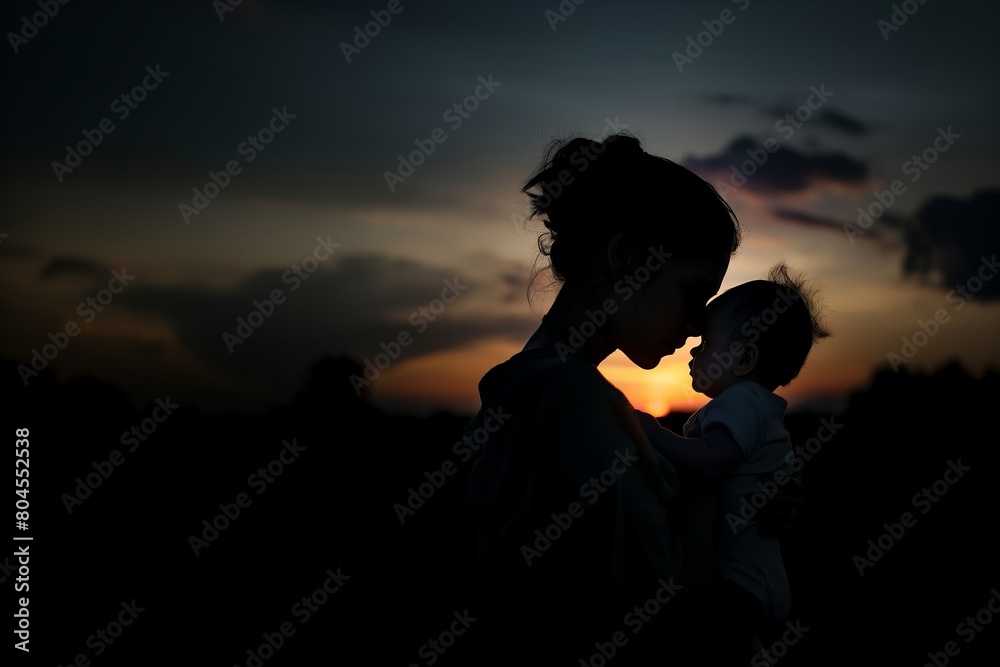 Silhouette of mother and baby at sunset