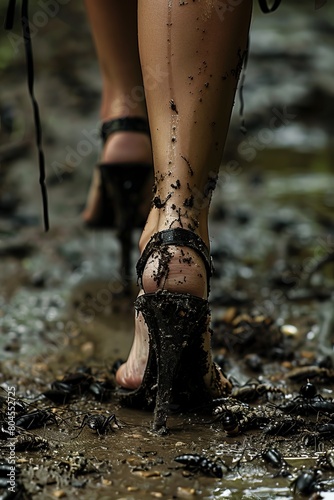girl in heels walks through the mud. my feet are all covered in mud. a victim of violence runs away from a maniac through the forest, puddles, sand and wet ground in the rain