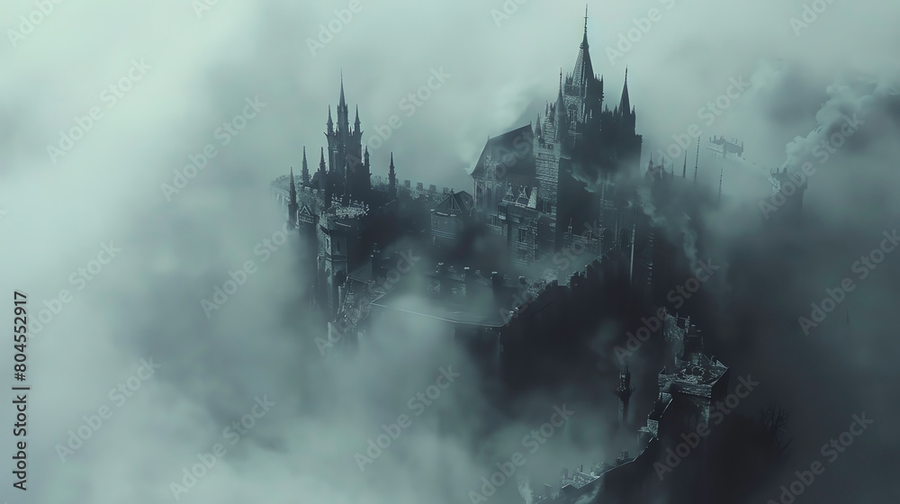 Experience a haunting aerial view of a gothic castle shrouded in mist