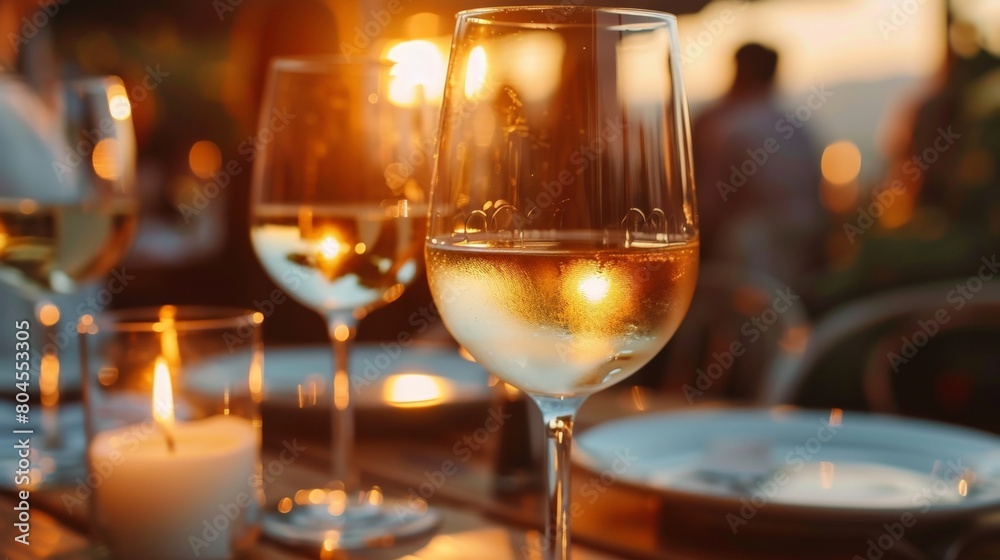 Glasses of White Wine on Restaurant Table at Sunset with Bokeh Background of People and Candles, Evening Dinner Setting