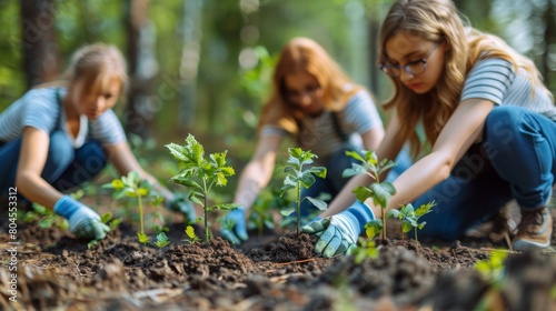 Three women planting trees in the ground with gloves on, AI