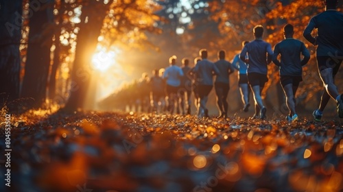 A group of people running in the woods at sunset, AI