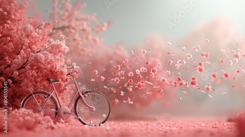 A romantic concept for Valentine's Day, women's day, or mother's day with flowers flying from a pink bicycle. photo