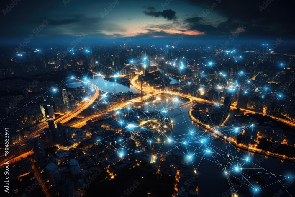 Obraz premium A city at night with a river running through it