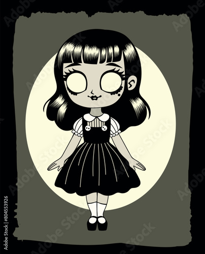 Retro style cartoon girl character with black hair - Vector illustration