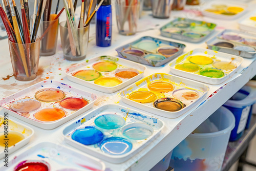 A series of watercolor wash-out stations, each with different compartments for cleaning brushes, on a white canvas. photo