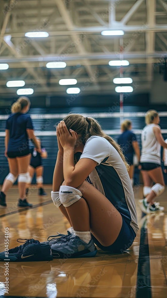 Young volleyball player taking a break on the court, catching her breath and preparing for the next serve with determination and focus.