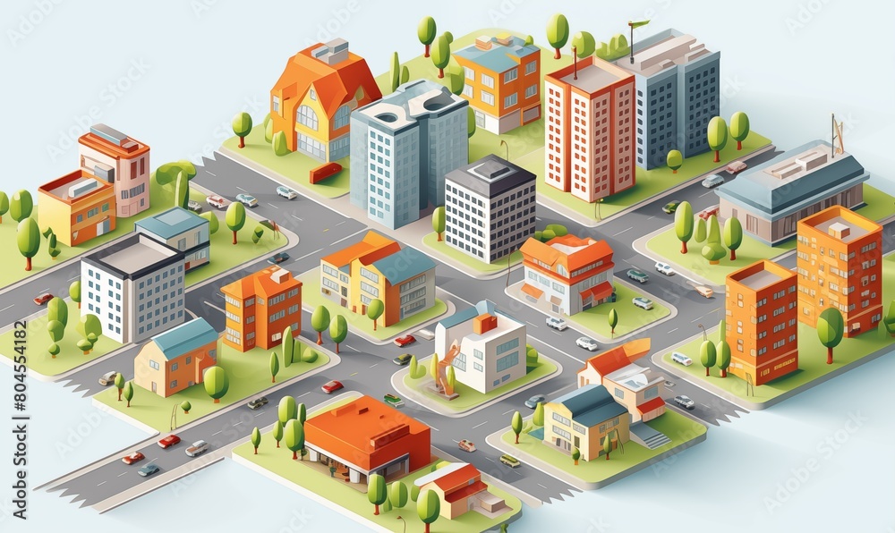 Varied Buildings Isometric 3D City Vector Illustration.