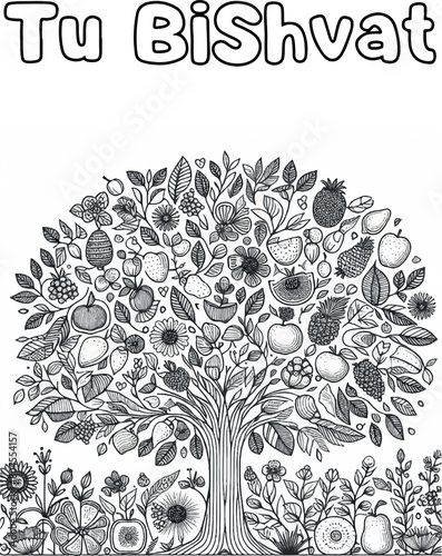 Tu Bishvat coloring page. Tree with fruits Black and white linear vector illustration. Coloring pages for children.
