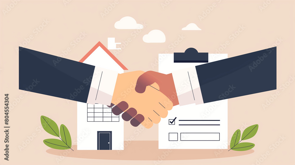 llustration of rent-to-own contract, handshake between landlord and tenant, key and deed exchange llustration of rent-to-own contract, handshake between landlord and tenant, key and deed exchange