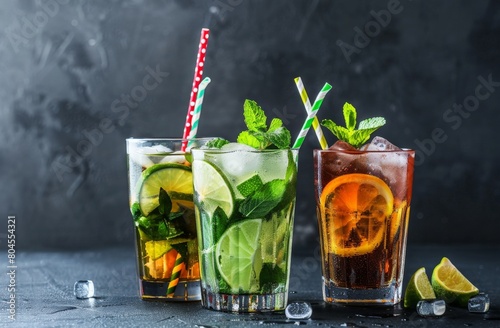 Assorted Glasses with Mojito, Cocktail, and Old Fashioned Drinks on Dark Background