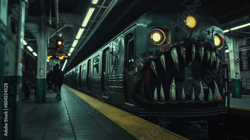 an evil subway train with a closed mouth with many fangs 