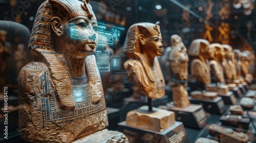 A display of fictional ancient egyptian statues with digital information on them, AI photo