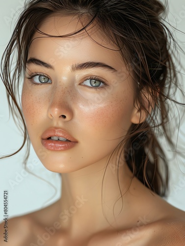 A beautiful woman with green eyes and freckles on her face. She has a natural  dewy look.