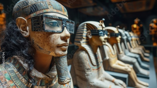 A row of statues in ancient egyptian style with glasses on in a museum, AI