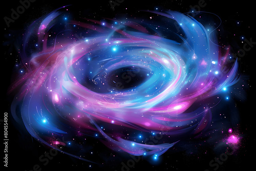 Vibrant neon galaxy with pink and blue swirling stars. Stunning artwork on black background.