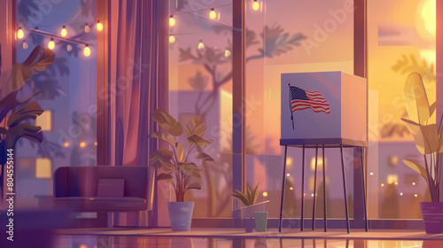 A voting booth with an American flag draped behind it, representing the significance of civic duty and participation in elections