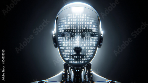 Futuristic digital human face with binary code, advanced artificial intelligence and technology, tech concept