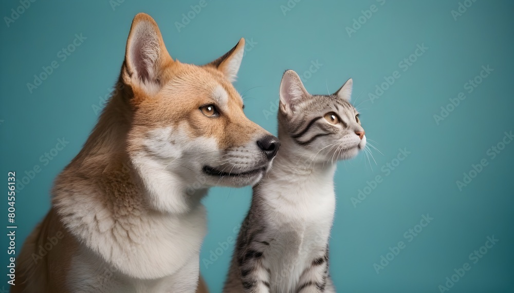 A young golden retriever dog and a tabby cat sitting together against a teal background A young golden retriever dog and a tabby cat sitting together against a teal background