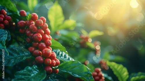 Lush coffee plantation with ripe red berries