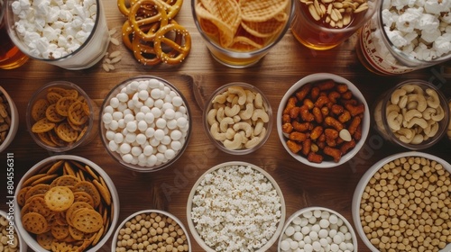 A table filled with different types of snacks including nuts pretzels and popcorn to pair with the various nonalcoholic brews being tasted.