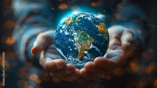A person holding a globe in their hands with lights around it, AI