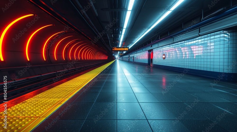 Futuristic neon-lit subway tunnel with red and yellow lights