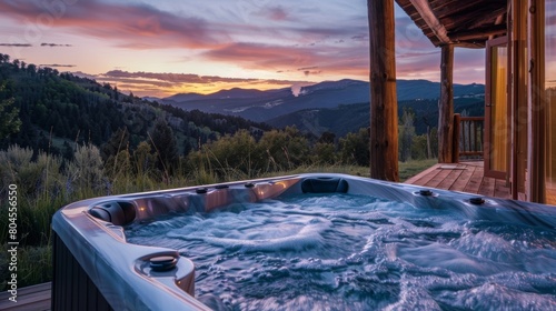 An outdoor hot tub overlooking a picturesque landscape offering a blissful soak under the stars.. photo