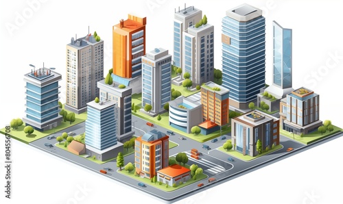 Varied Skyscrapers Isometric 3D City Vector Image with Traditional and Modern Homes.