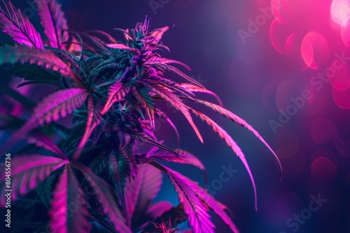 Neon Cannabis Plant with Magenta and Blue Color Theme on Dark Background