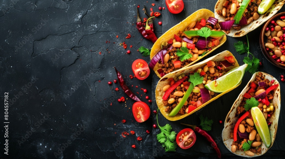 Colorful Mexican Tacos with Ground Beef, Beans, and Vegetables on Black Stone Background