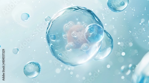 Transparent Cells Floating on Light Blue Background with Small Cells and Bubbles