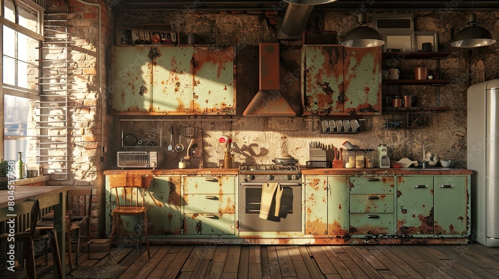 Interior of a dirty and worn kitchen.