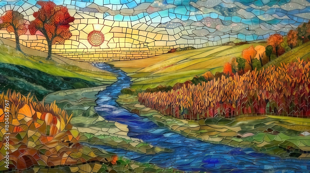 American nature Mosaic , corn fields and river, Stained Glass Illusion
